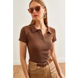 Olalook Kadın Acı Kahve Polo Yaka Düğmeli Likralı Bluz BLZ-19002558
