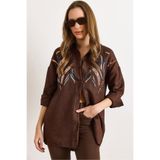 Olalook Kadın Acı Kahve Pul Payetli Yün Efektli Oversize Kışlık Gömlek GML-19001157