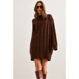 Olalook Kadın Acı Kahve Saç Örgü Detaylı Triko Tunik Elbise ELB-19002566