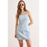 Olalook Kadın Açık Mavi Askısı Bağlama Detaylı Sırt Fermuarlı Denim Elbise ELB-19002647