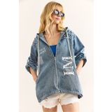 Olalook Kadın Açık Mavi Cepli Kapüşonlu Garnili Oversize Denim Ceket CKT-19000389