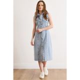 Olalook Kadın Açık Mavi Denim Kolsuz Yıkamalı Midi Gömlek Elbise ELB-19002604