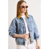 Olalook Kadın Açık Mavi Kadife Yaka Detaylı 3 Cepli Denim Ceket CKT-19000511