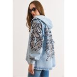 Olalook Kadın Açık Mavi Kapüşonlu Cepli Sırtı Kolu Payetli Oversize Denim Ceket CKT-19000504