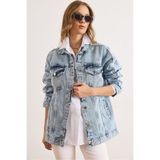 Olalook Kadın Açık Mavi Kol Şeritli Rahat Kalıp Denim Ceket CKT-19000471