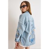 Olalook Kadın Açık Mavi Kuş Nakışlı Payet Detaylı Denim Ceket CKT-19000512