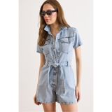 Olalook Kadın Açık Mavi Kuşaklı Cepli Denim Şort Tulum TLM-19000171