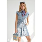 Olalook Kadın Açık Mavi Kuşaklı Cepli Püskül Detaylı Mini Denim Elbise ELB-19002683