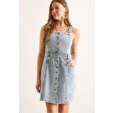 Olalook Kadın Açık Mavi Mini Cepli Denim Salopet Elbise ELB-19002482