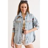 Olalook Kadın Açık Mavi Ön Arka Çiçek Nakış Detaylı Yıkanmış Denim Ceket CKT-19000521
