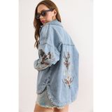 Olalook Kadın Açık Mavi Payet Nakış Detaylı Yıkanmış Denim Ceket CKT-19000522