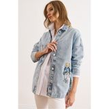 Olalook Kadın Açık Mavi Tek Cepli Ayıcık Nakışlı Denim Ceket CKT-19000472