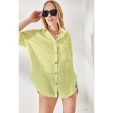 Olalook Kadın Açık Sarı Yanları Düğme Detaylı Oversize Dokuma Gömlek GML-19001004