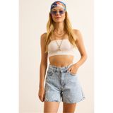 Olalook Kadın Asimetrik Mavi Lazer Eskitme Detaylı Denim Şort ŞRT-19000076