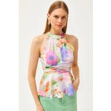 Olalook Kadın Batik Çiçekli Halter Yaka Bel Detaylı Krep Bluz BLZ-19001505