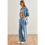 Olalook Kadın Bebe Mavi Beli Lastikli Cepli Müslin Pantolon PNT-19000279