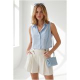 Olalook Kadın Bebe Mavi Cepli Kolsuz Crop Keten Gömlek GML-19001458