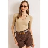 Olalook Kadın Bej Derin V Yaka Duble Kol Esnek Pamuk Bluz BLZ-19002951
