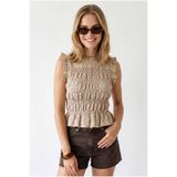 Olalook Kadın Bej Gipeli Crop Pötikare Dokuma Bluz BLZ-19003364
