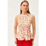 Olalook Kadın Bej Mercan Halter Yaka Bel Detaylı Krep Bluz BLZ-19001505