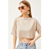 Olalook Kadın Bej Modal Tuşeli Yumuşak Dokulu Crop Bluz BLZ-19002531