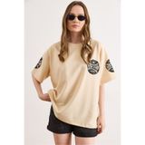 Olalook Kadın Bej Ön Arka Baskılı Rahat Kalıp Tişört TSH-19000966