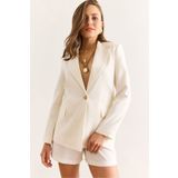 Olalook Kadın Beyaz Astarlı Keten Görünümlü Blazer Ceket CKT-19000444