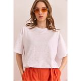 Olalook Kadın Beyaz Baskı Taş Detaylı Regular Fit Tişört TSH-19000831