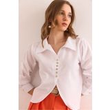 Olalook Kadın Beyaz Düğme Detaylı Altı Oval Crop Gömlek GML-19001315