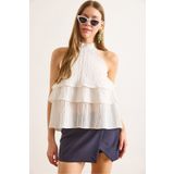 Olalook Kadın Beyaz Halter Yaka Kat Kat Bluz BLZ-19003040