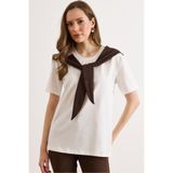 Olalook Kadın Beyaz Kahve Atkı Detaylı Pamuk Tişört TSH-19000978