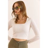 Olalook Kadın Beyaz Kare Yaka Fitilli Crop Bluz BLZ-19003117