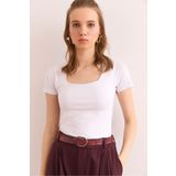 Olalook Kadın Beyaz Kare Yaka Önü Çift Kat Crop Pamuk Bluz BLZ-19002904