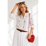 Olalook Kadın Beyaz Kırmızı Renkli Çiçekli Pamuk Fisto Gömlek GML-19001326