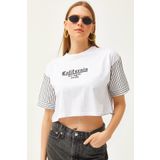 Olalook Kadın Beyaz Kolu ve Sırtı Garnili Crop Bluz BLZ-19002561