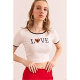 Olalook Kadın Beyaz Love Nakışlı Crop Esnek Pamuk Bluz BLZ-19002905