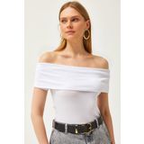 Olalook Kadın Beyaz Madonna Yaka Likralı Bluz BLZ-19002586