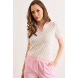 Olalook Kadın Beyaz Pembe Polo Yaka Renk Detaylı Mevsimlik Triko Bluz BLZ-19003329