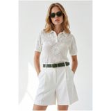 Olalook Kadın Beyaz Polo Yaka Çiçek Desenli Ajurlu Triko Bluz BLZ-19003383