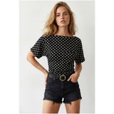 Olalook Kadın Beyaz Puantiyeli Drape Detaylı Yarasa Model Polyamid Bluz BLZ-19003357