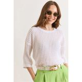 Olalook Kadın Beyaz Saç Örgü Ajurlu Loose Fit Mevsimlik Triko Bluz BLZ-19003225