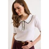 Olalook Kadın Beyaz Şerit Detaylı Polo Yaka Ajurlu Triko Bluz BLZ-19003227