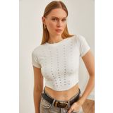 Olalook Kadın Beyaz Taş Detaylı İnce Fitilli Crop Bluz BLZ-19002626