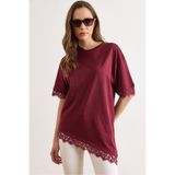 Olalook Kadın Bordo Asimetrik Dantel Detaylı Pamuk Tunik Tişört TSH-19000939