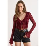 Olalook Kadın Bordo Bağlama Detaylı Boho Dantel Bluz BLZ-19003228