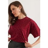 Olalook Kadın Bordo Baskı Taş Detaylı Regular Fit Tişört TSH-19000831