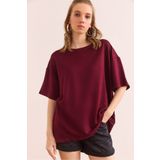 Olalook Kadın Bordo Bisiklet Yaka Oversize Yumuşak Dokulu Tişört TSH-19000865