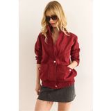 Olalook Kadın Bordo Cepli Fermuarlı Çıtçıtlı Uzun Denim Ceket CKT-19000258