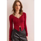 Olalook Kadın Bordo Dantel Detaylı Eteği Oval Esnek Bluz BLZ-19002872