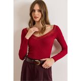 Olalook Kadın Bordo Derin V Yaka Dantel Detaylı Esnek Pamuk Bluz BLZ-19002954